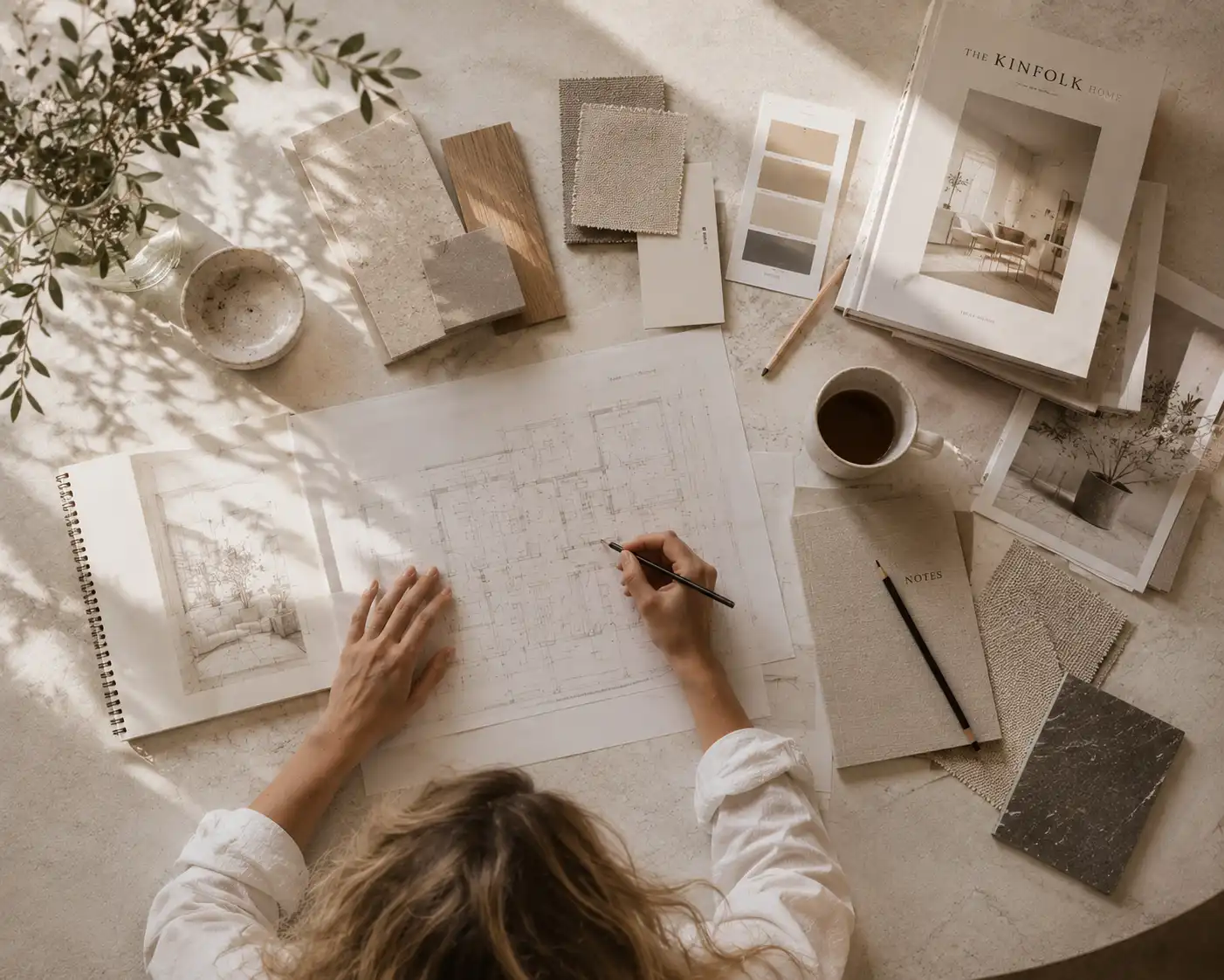 Interiorista trabajando sobre un plano con muestras de materiales